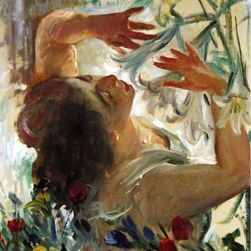 Woman with Lilies in a Greenhouse