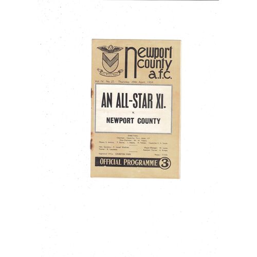 Newport v All Star X1 Friendly Football Programme 1953/54