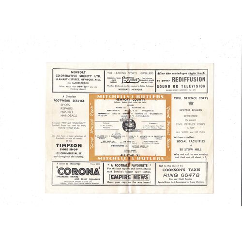 Newport v All Star X1 Friendly Football Programme 1953/54