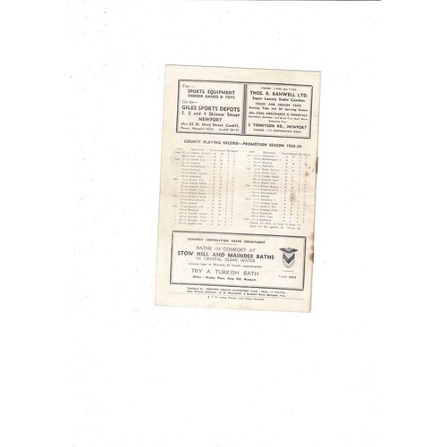 Newport v All Star X1 Friendly Football Programme 1953/54