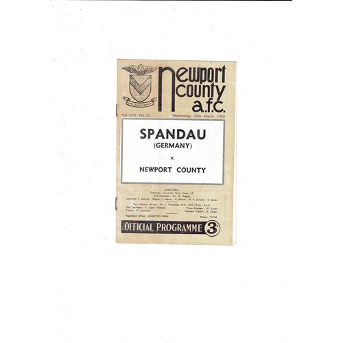 Newport v Spandau (Germany) Friendly 1957/58 Football Programme