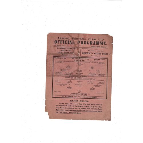 1944/45 Arsenal v Portsmouth League South Cup Football Programme
