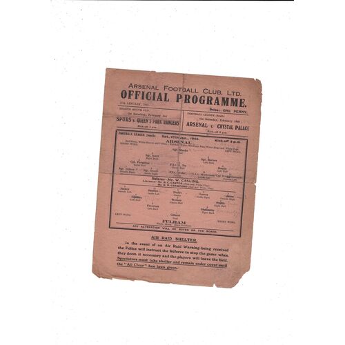 1944/45 Arsenal v Fulham League South Cup Football Programme