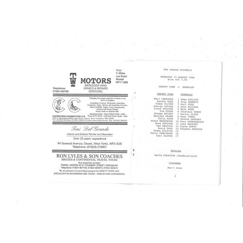 Ossett Town v Barnsley Friendly 1996/97 Football Programme