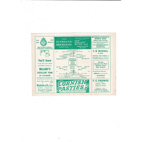 1956/57 Plymouth Argyle v Gillingham Football Programme