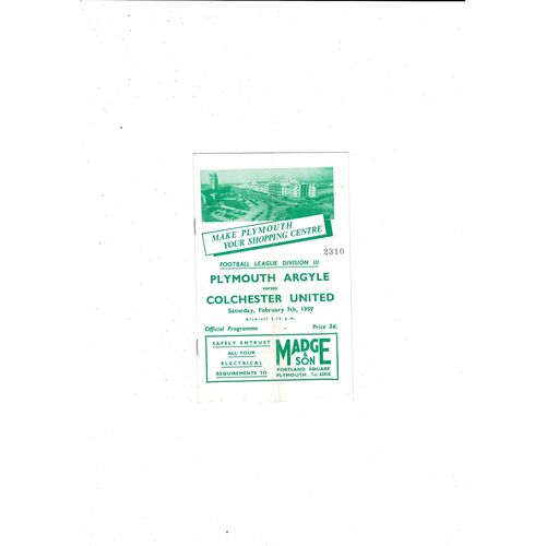 1958/59 Plymouth Argyle v Colchester United Football Programme