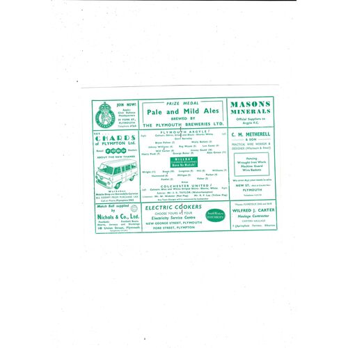 1958/59 Plymouth Argyle v Colchester United Football Programme