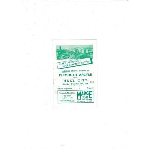1958/59 Plymouth Argyle v Hull City Football Programme