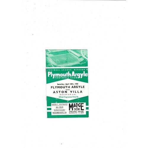1959/60 Plymouth Argyle v Aston Villa Football Programme
