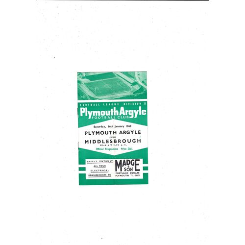 1959/60 Plymouth Argyle v Middlesbrough Football Programme