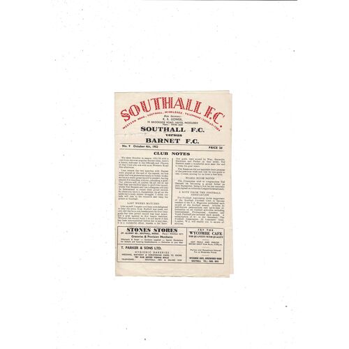 1952/53 Southall v Barnet Athenian League Football Programme