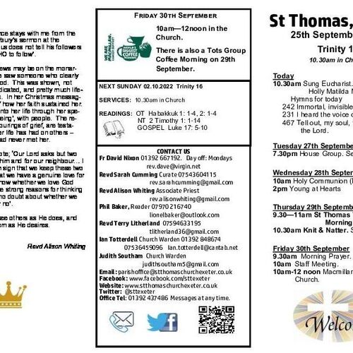 Pew Sheet | The Parish of St Thomas, Exeter