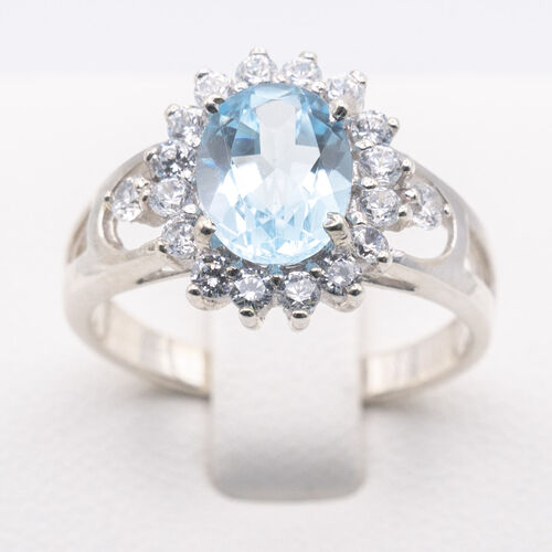 Aquamarine and Zirconia Stones Set on 925 Sterling Silver Ring