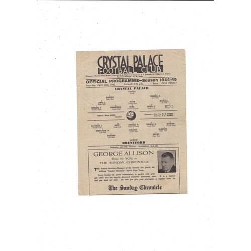 1944/45 Crystal Palace v Brentford Football Programme