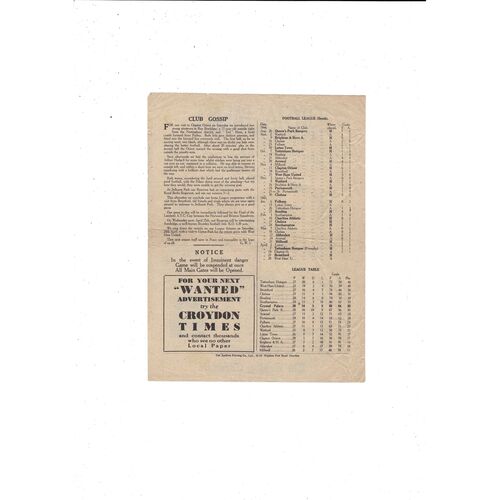 1944/45 Crystal Palace v Brentford Football Programme