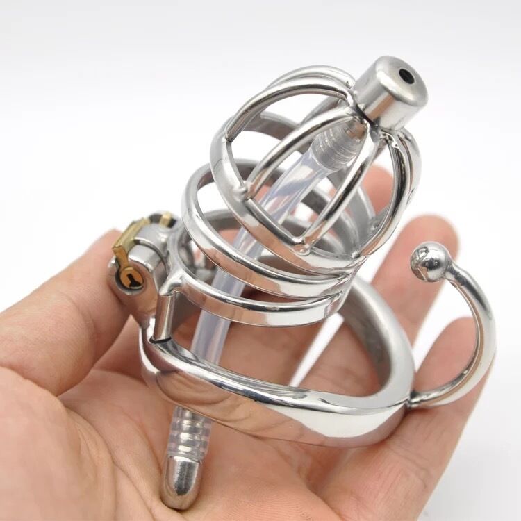 Nessus Play short breathable steel chastity cage with arc hook and catheter tube