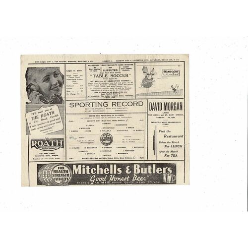 1947/48 Cardiff City v Brentford Football Programme