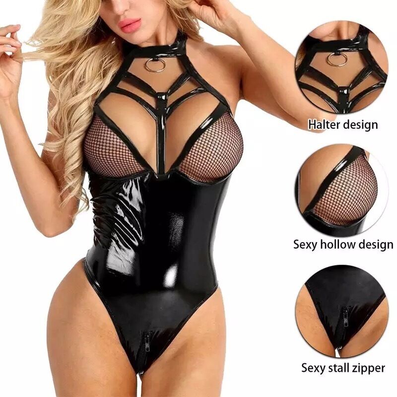 Nessus Play sexy lingerie latex body suit with halter neck design