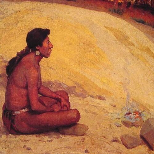 Indian Seated by a Campfire