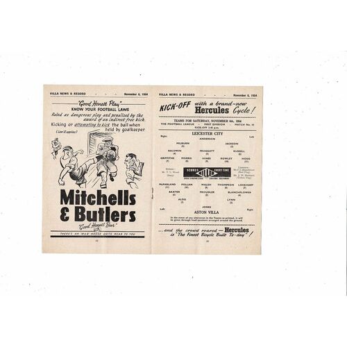 1954/55 Aston Villa v Leicester City Football Programme