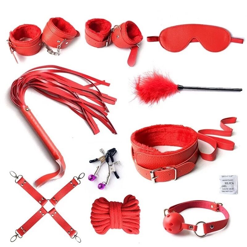Nessus Play red 10 piece bondage sets for BDSM play cuffs, blindfold, restraints