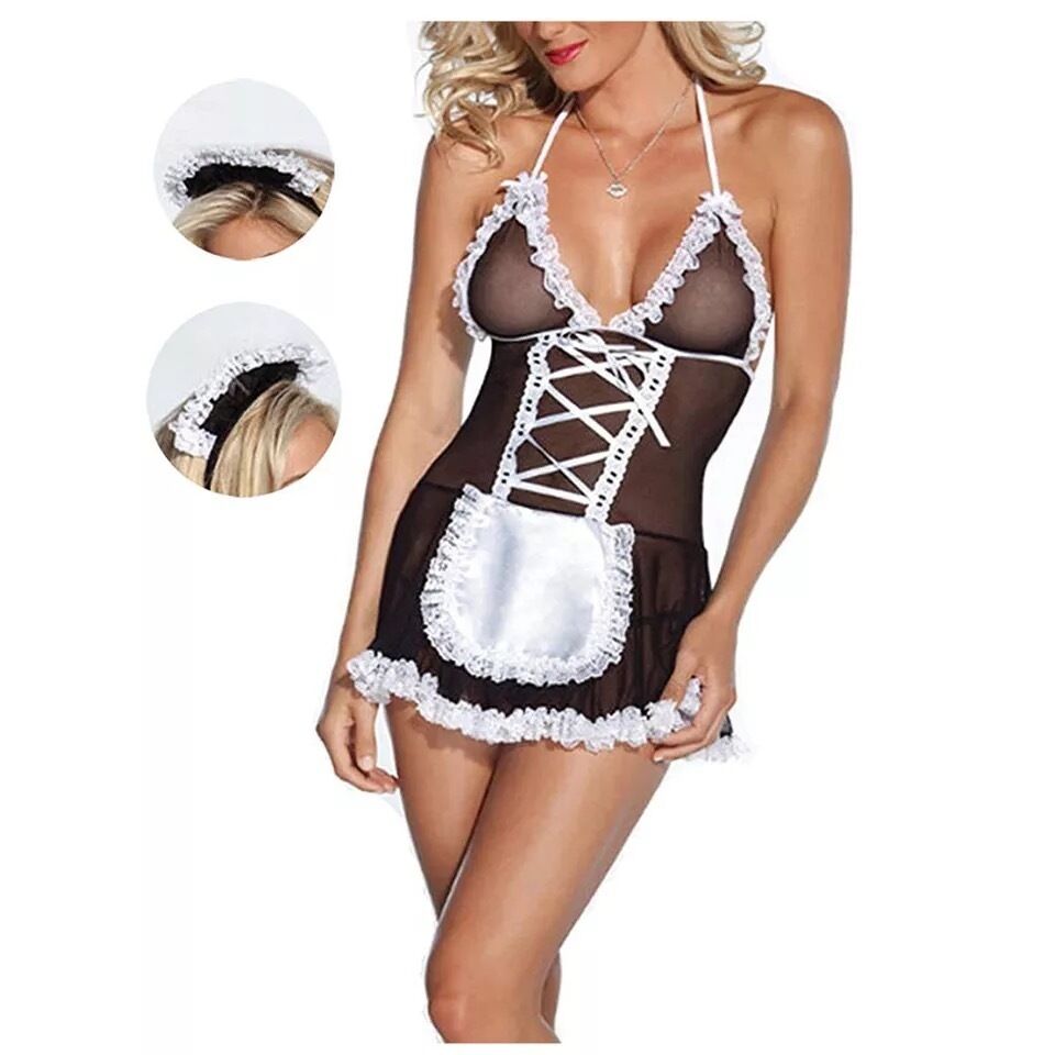 Nessus Play French maid sheer lingerie for sexy role play cosplay