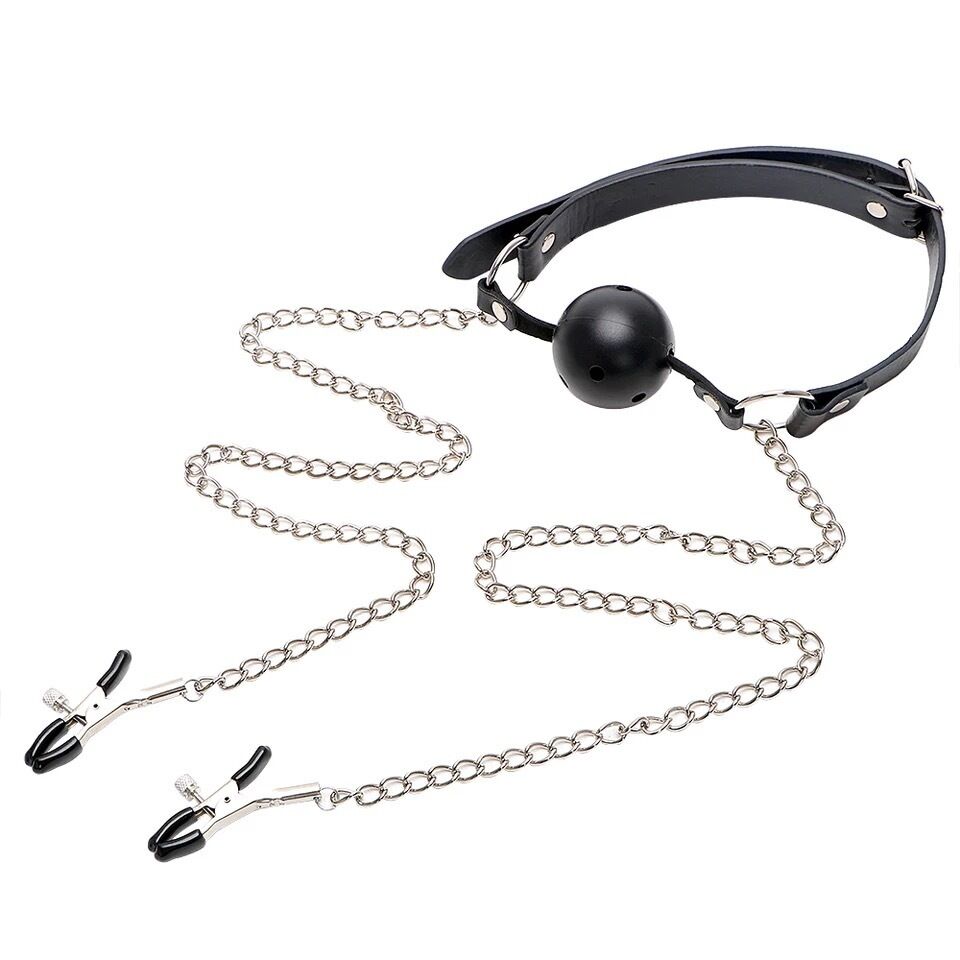 Nessus Play ball gag with nipple clamps fetish bondage play