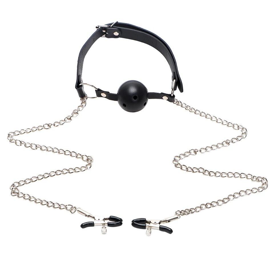 Nessus Play ball gag with nipple clamps fetish bondage play