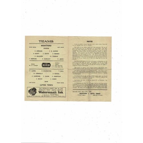 1945/46 Brentford v Luton Town Football Programme