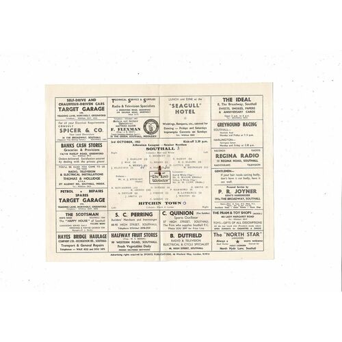 1953/54 Southall v Hitchin Town Athenian League Football Programme