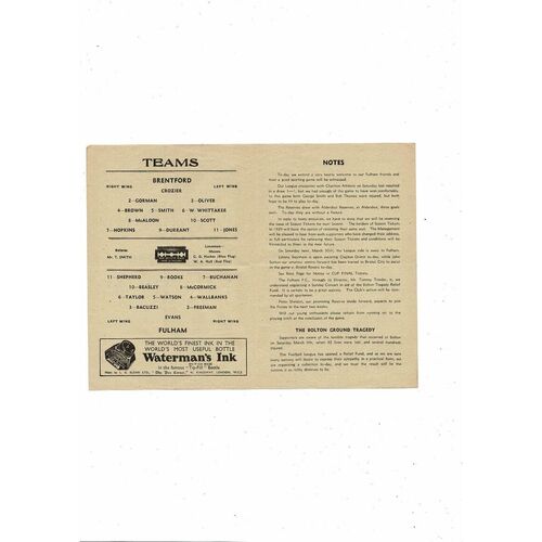 1945/46 Brentford v Fulham Football Programme