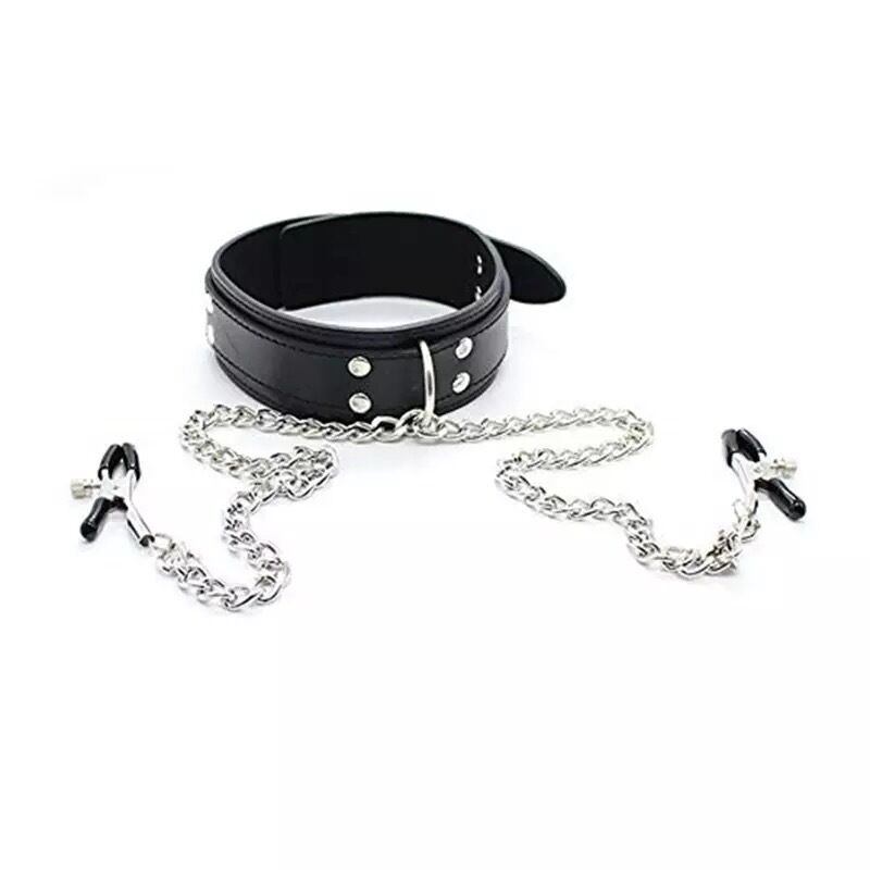 Nessus Play faux leather choker with nipple clamp chains BDSM