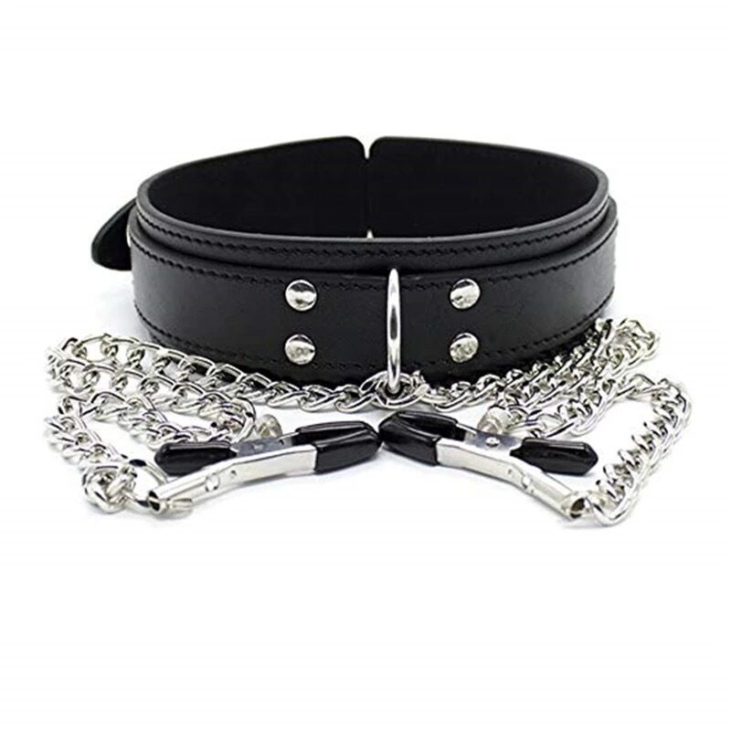 Nessus Play faux leather choker with nipple clamp chains BDSM