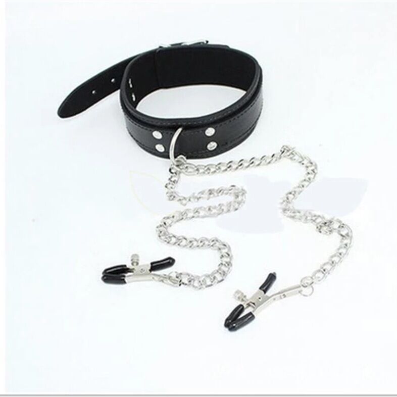 Nessus Play faux leather choker with nipple clamp chains BDSM
