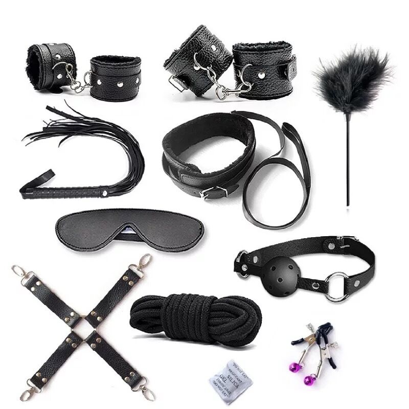 Nessus Play black 10 piece bondage sets for BDSM play cuffs, blindfold, restraints