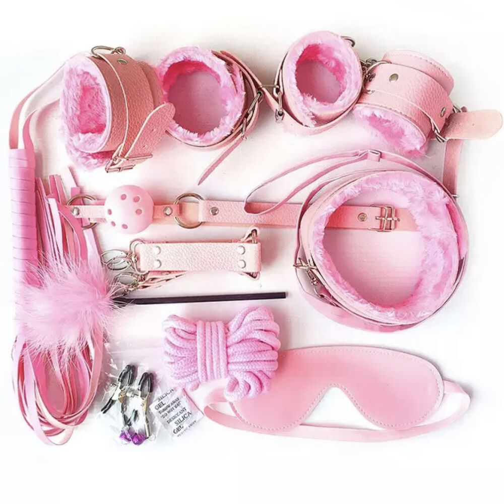 Nessus Play pink 10 piece bondage sets for BDSM play cuffs, blindfold, restraints