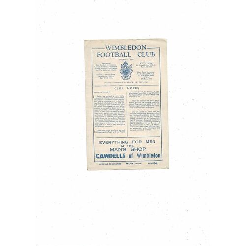 1955/56 Wimbledon v Oxford City Isthmian League Football Programme