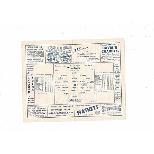 1955/56 Wimbledon v Oxford City Isthmian League Football Programme