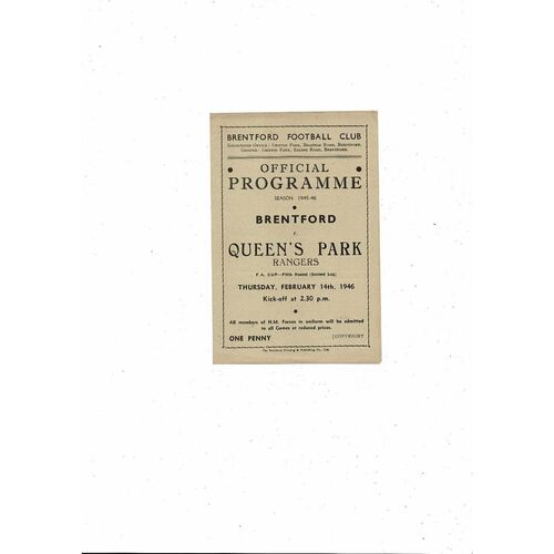 1945/46 Brentford v Queens Park Rangers FA Cup Football Programme