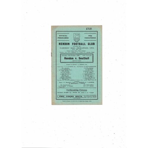 1958/59 Hendon v Southall Athenian League Football Programme
