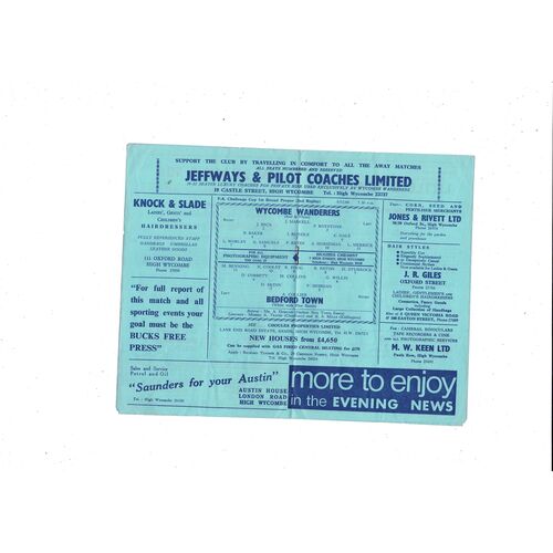 Wycombe Wanderers v Bedford Town FA Cup Replay Football Programme 1966/67