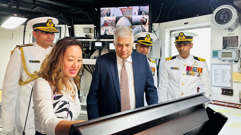 President Wickremesinghe and U.S. Ambassador Chung celebrate the Commissioning of the U.S-donated Sri Lanka Navy Ship Vijayabahu