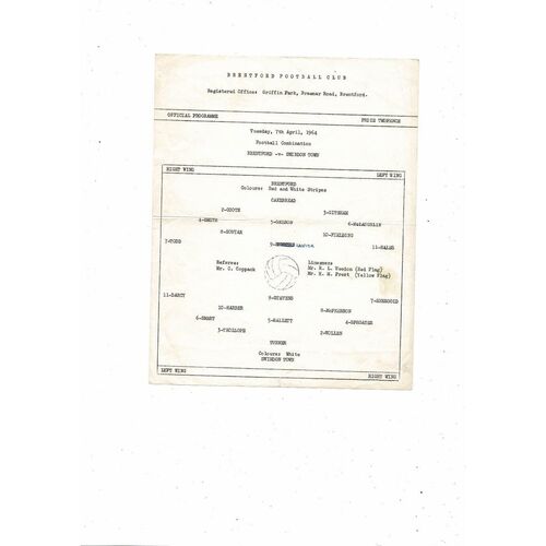 Brentford v Swindon Town Football Combination Programme 1963/64