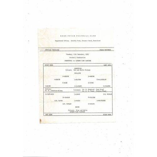 Brentford v Queens Park Rangers Football Combination Programme 1963/64