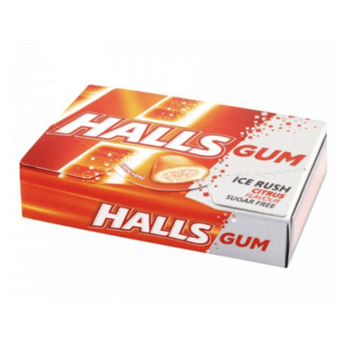 Halls Ice Rush Citrus Flavour Chewing Sugar-free Gum 3 x18g or Case of 16
