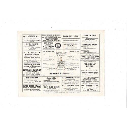 1954/55 Southall v Tooting & Mitcham Athenian League Football Programme