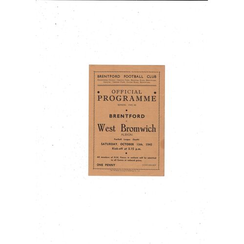 1945/46 Brentford v West Bromwich Albion Football Programme