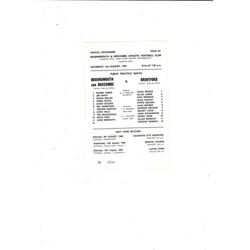 Bournemouth v Brentford Friendly Football Programme 1969/70