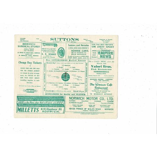 1954/55 Norwich City v Brentford Football Programme