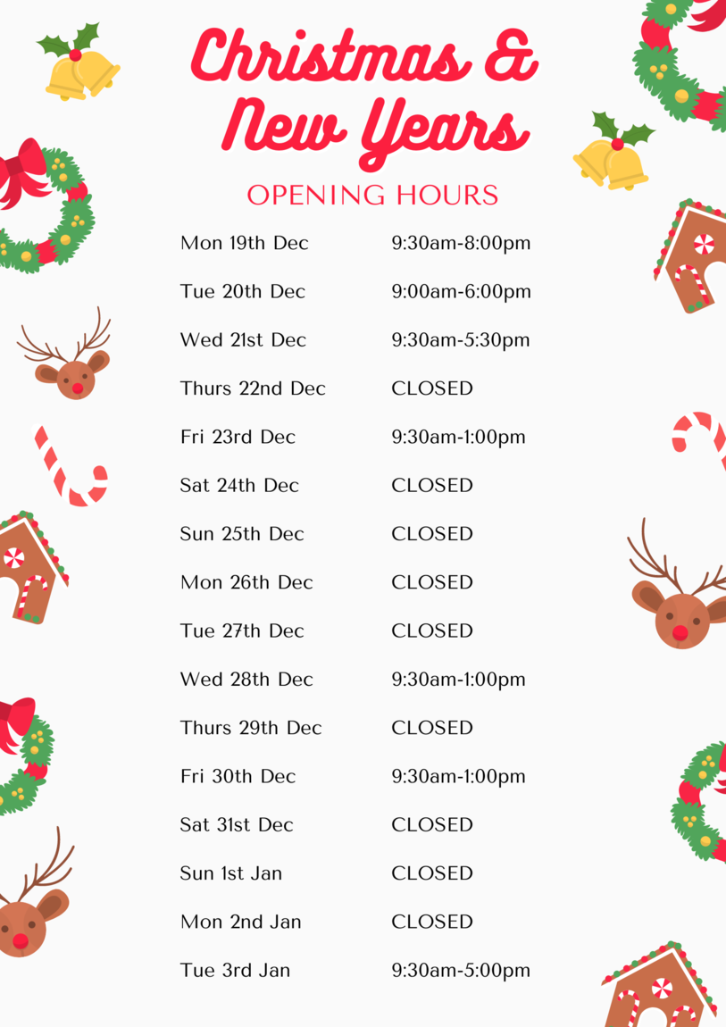 Christmas and New Year Opening Hours
